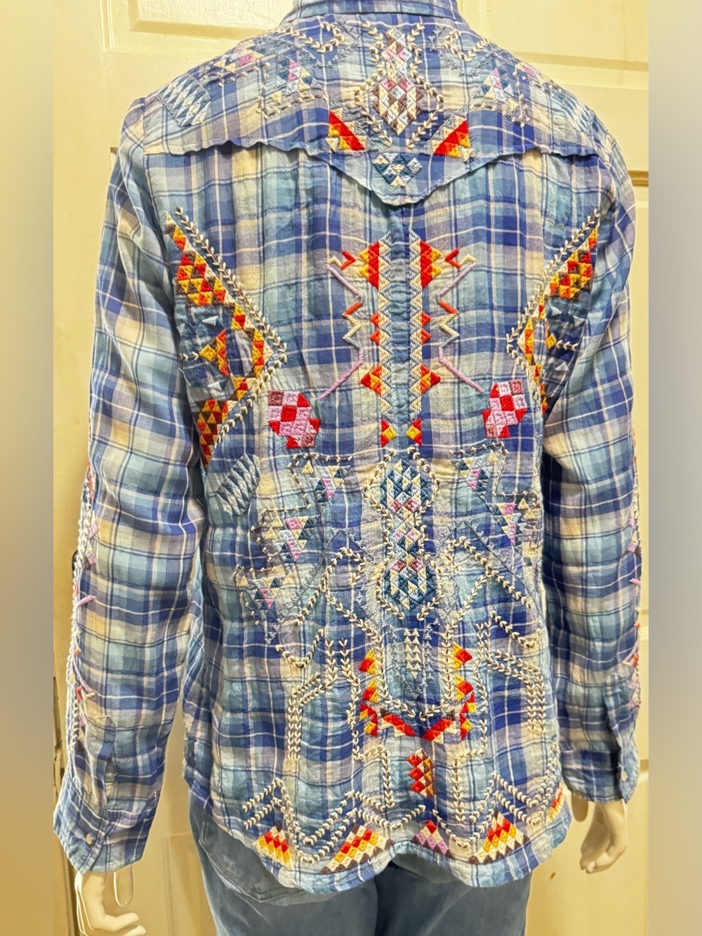 Johnny Was Blue Plaid Shirt with Multi-Color Embroidery Size Small